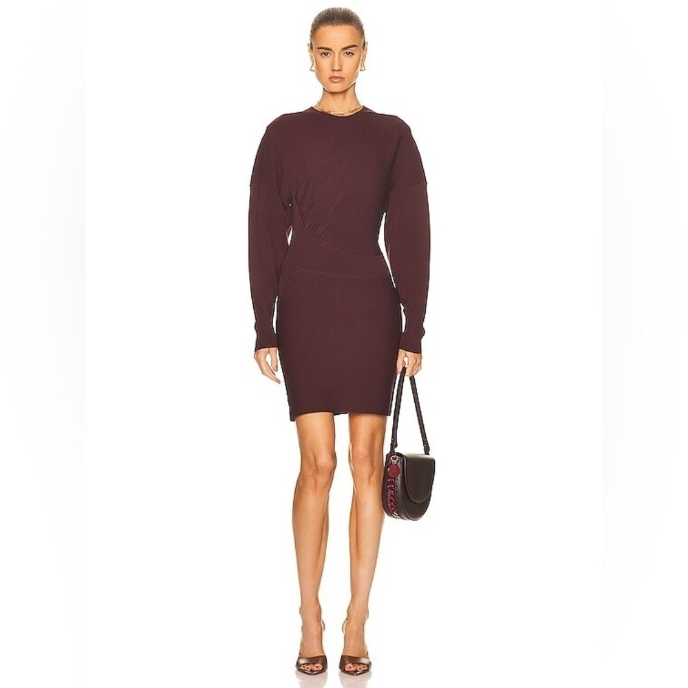 NWOT Ganni Asymmetric Ruched Knit Mini Dress Rust Brown Long Sleeves